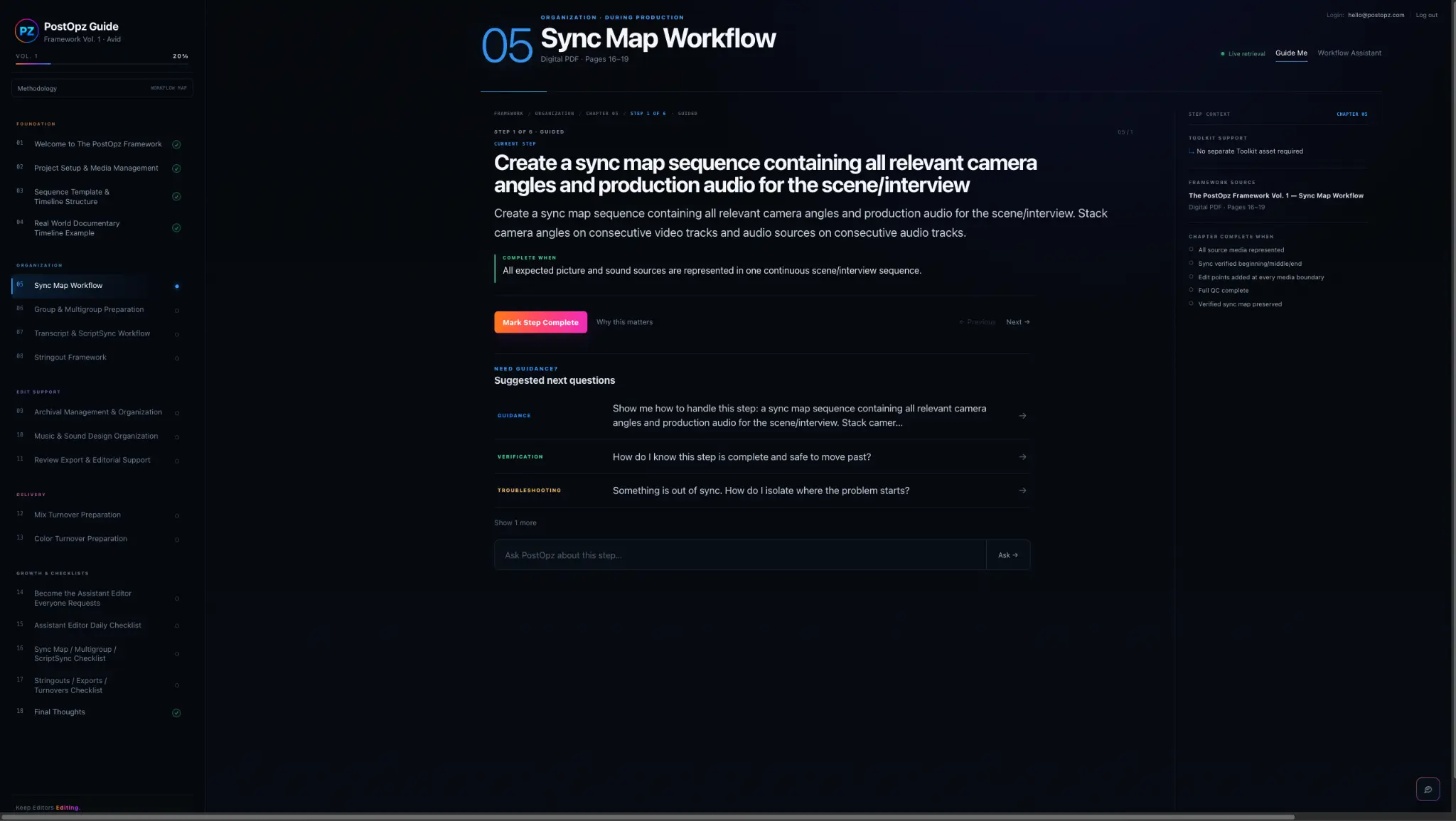 PostOpz Guide Me screen showing Sync Map Workflow guidance