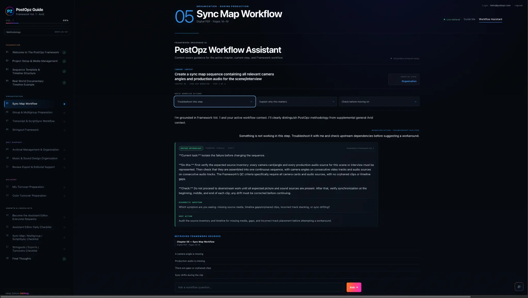 PostOpz Workflow Assistant showing a Framework-grounded response